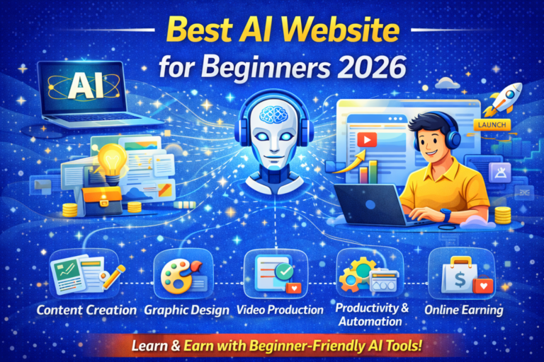Best AI website for beginners 2026 showing AI tools for content creation graphic design video production productivity automation and online earning