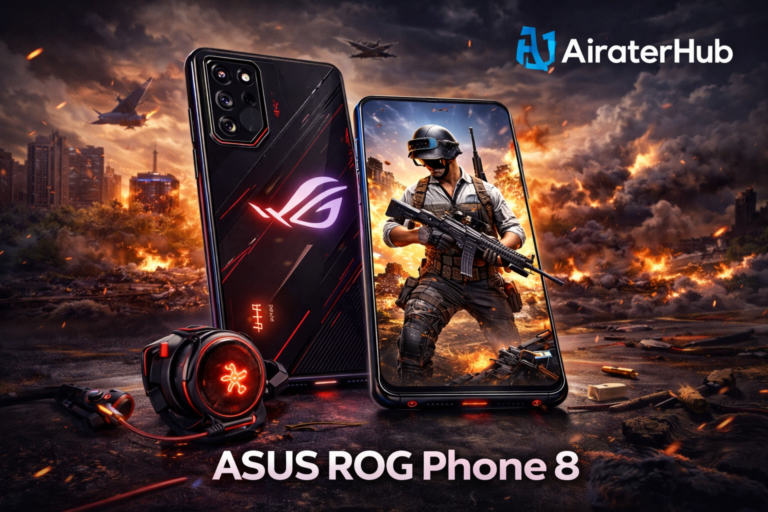 ASUS ROG Phone 8 displayed with AiraterHub and BGMI graphics on screen