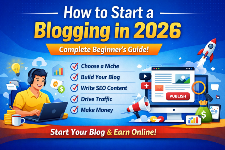 How to start blogging in 2026 complete beginner guide with steps like choose niche build blog write SEO content drive traffic and make money