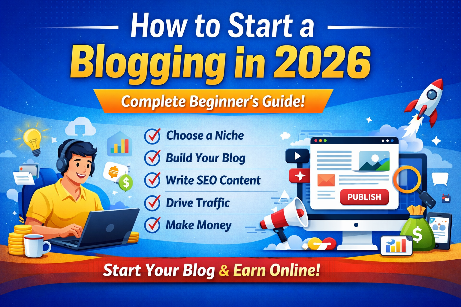 How to start blogging in 2026 complete beginner guide with steps like choose niche build blog write SEO content drive traffic and make money