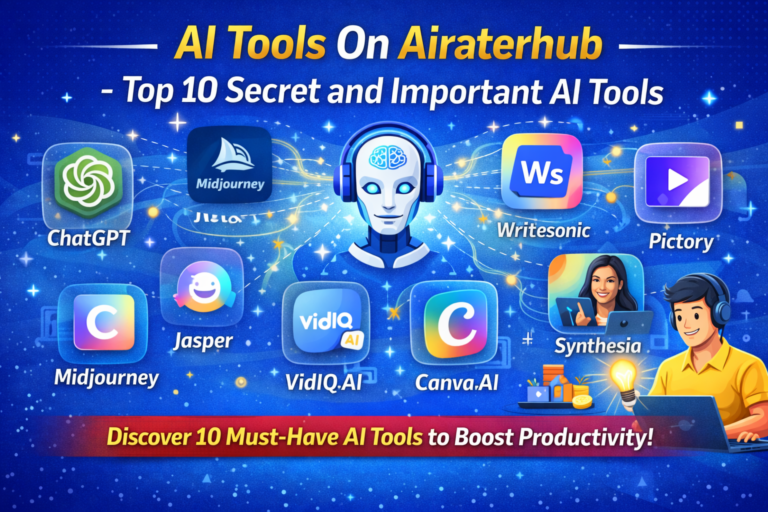 AI tools on Airaterhub showing top 10 secret and important AI tools including ChatGPT Midjourney Jasper VidIQ Canva AI and Pictory