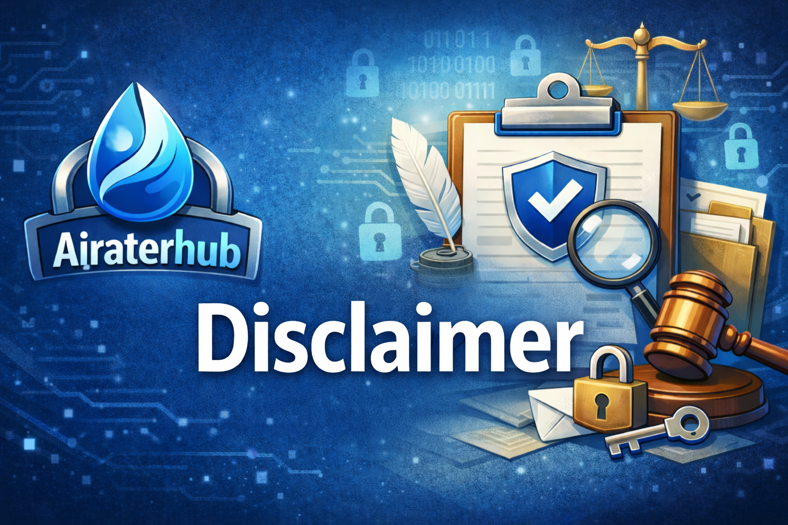 Disclaimer for Airaterhub website showing legal notice, security icons, and digital protection concept