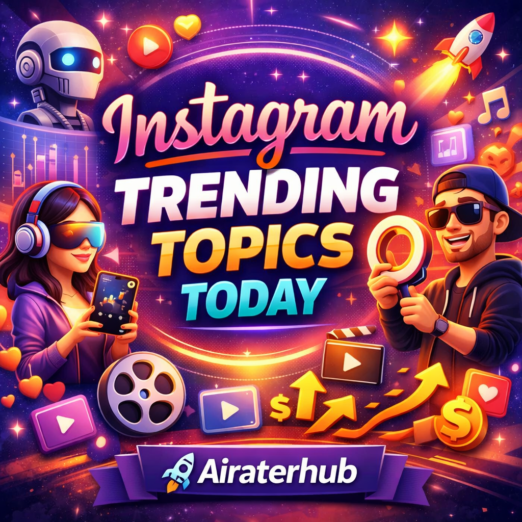 Instagram trending topics today showing AI reels, viral content ideas, and social media growth trends with Airaterhub branding.