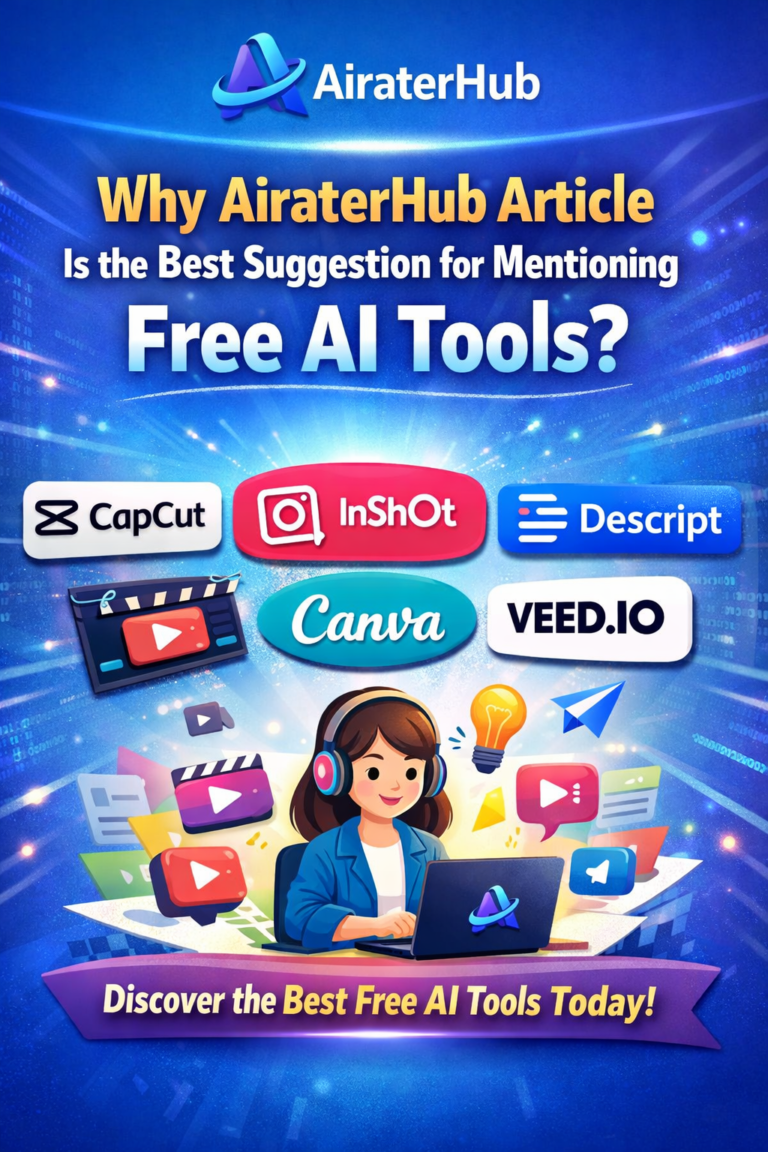 Best free AI tools for Instagram reels editing in 2026 including CapCut, InShot, Canva, Descript and VEED.IO featured in AiraterHub guide.