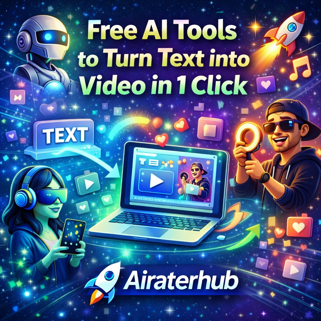 Free AI Tools to Turn Text into Video in 1 Click infographic showing AI text to video generator concept with Airaterhub branding.