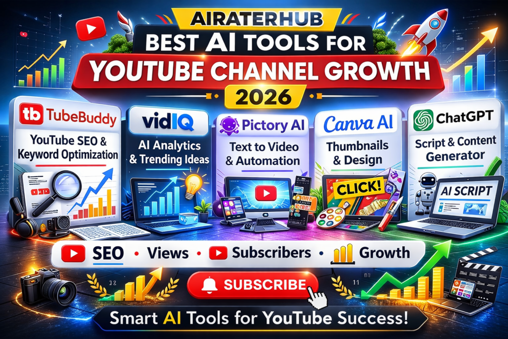 Best AI tools for YouTube channel growth 2026 including TubeBuddy, VidIQ, Pictory AI, Canva AI, and ChatGPT with Airaterhub branding