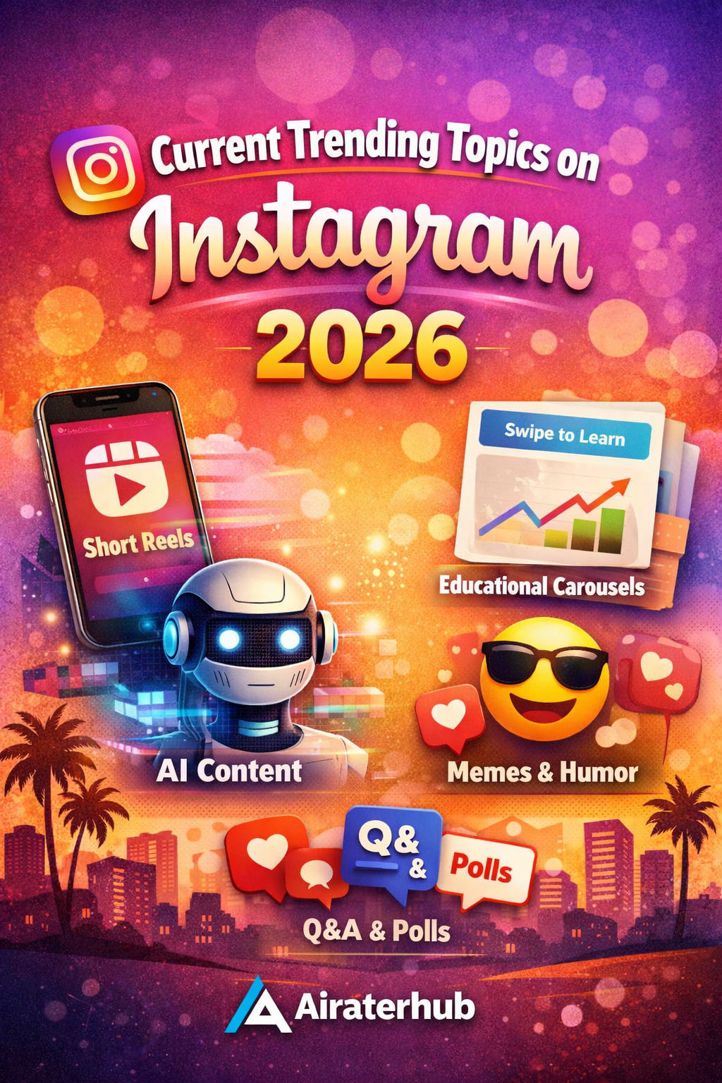 Current Trending Topics on Instagram 2026 including short reels, AI content, educational carousels, memes, and interactive Q&A polls with Airaterhub branding