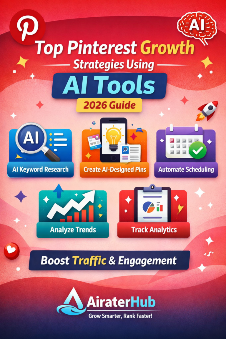 Top Pinterest Growth Strategies Using AI Tools infographic showing AI keyword research, pin design, scheduling, trend analysis, and analytics for Pinterest growth in 2026.