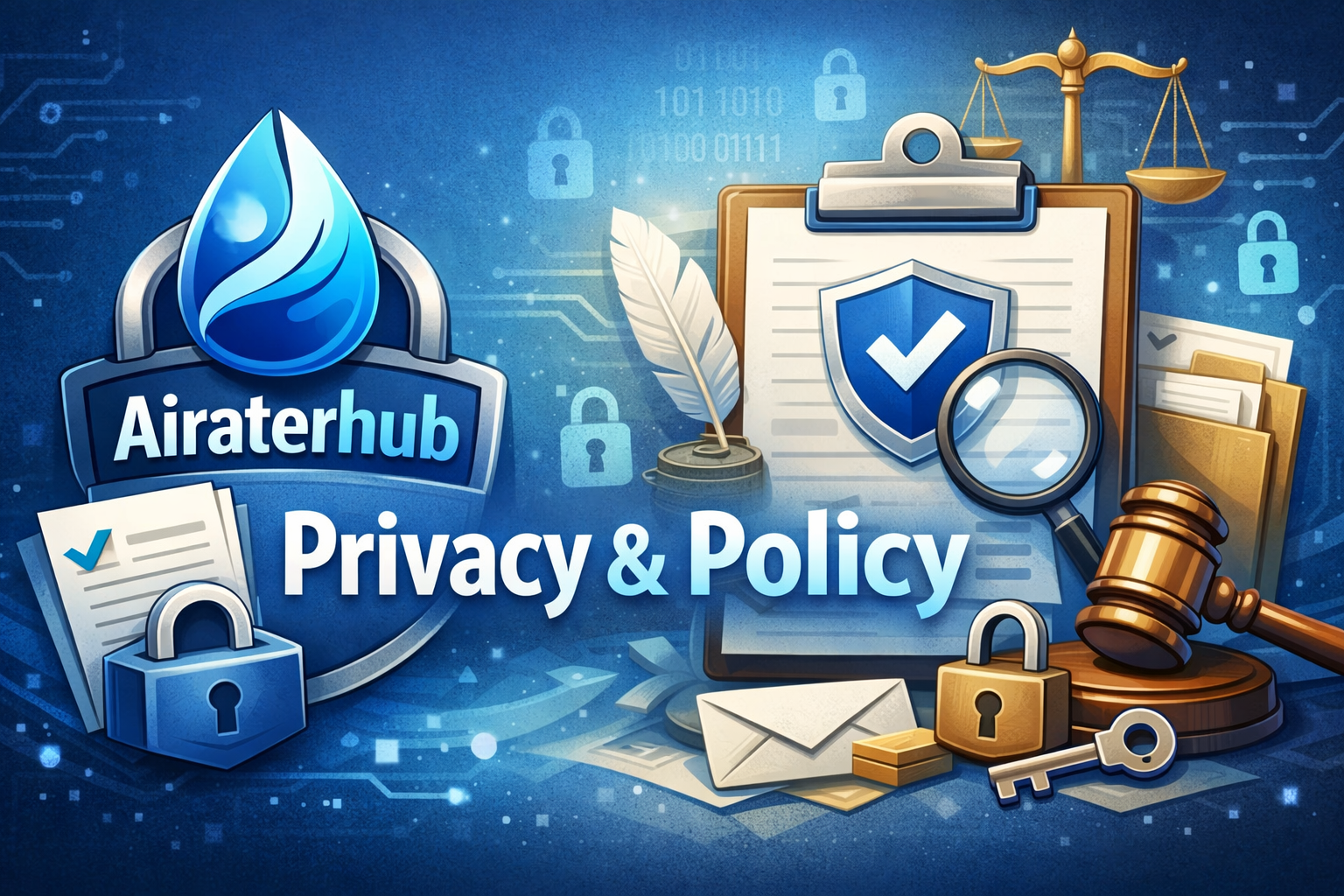 Airaterhub Privacy Policy illustration showing data protection, security shield, and legal compliance for user privacy.