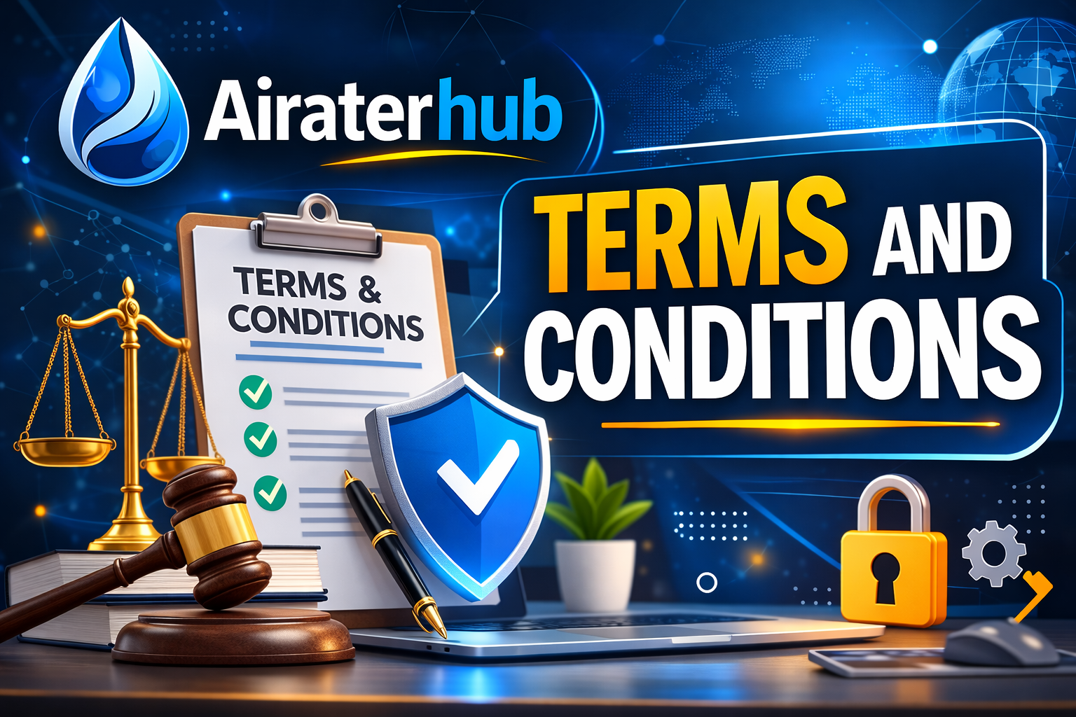 Airaterhub Terms and Conditions illustration showing legal agreement, security shield, and website usage rules.