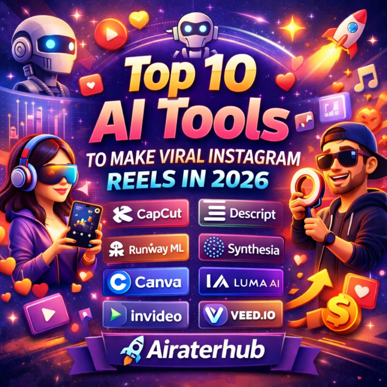 Top 10 AI Tools to Make Viral Instagram Reels in 2026 infographic showing CapCut, Runway ML, Canva, InVideo, Descript, Synthesia, Luma AI, and VEED.IO with Airaterhub branding.